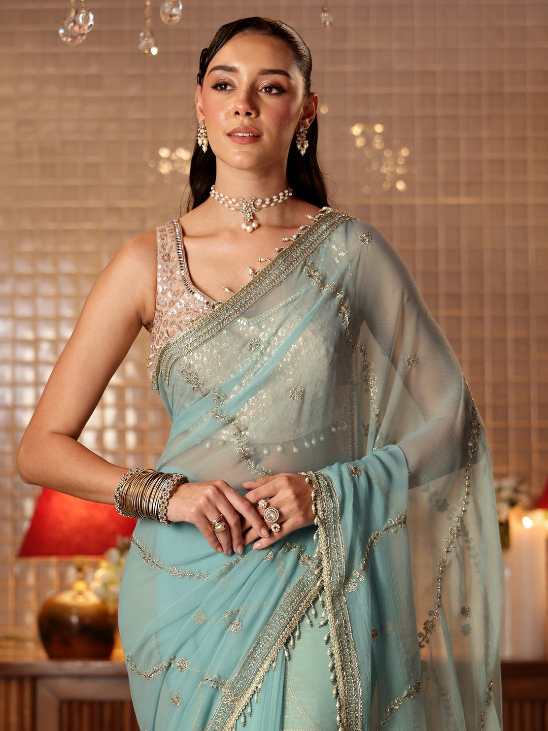  Blue Floral Embroidered Chiffon Saree 