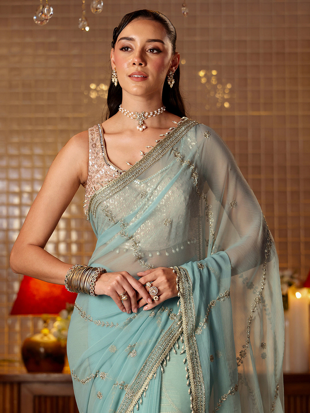  Libas Blue Floral Embroidered Chiffon Saree 