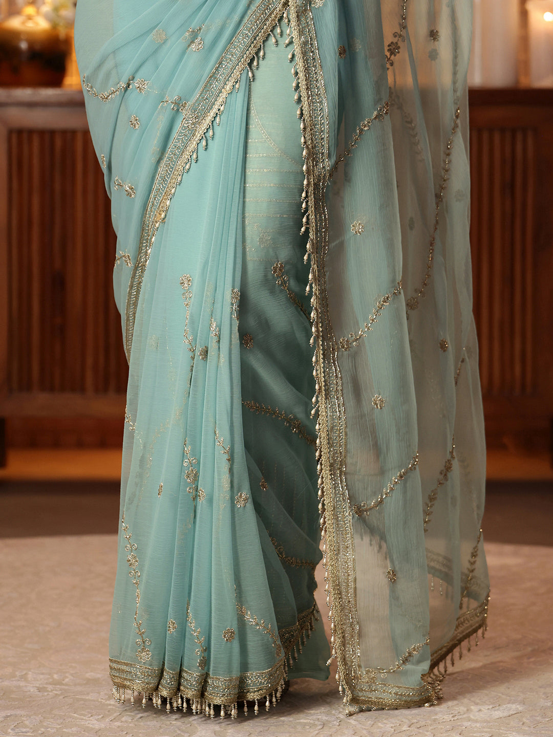  Blue Floral Embroidered Chiffon Saree 