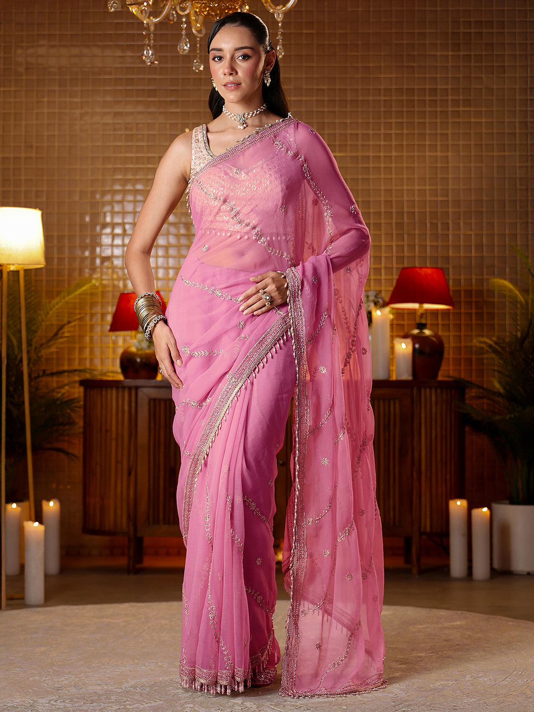  Libas Pink Floral Embroidered Chiffon Saree 