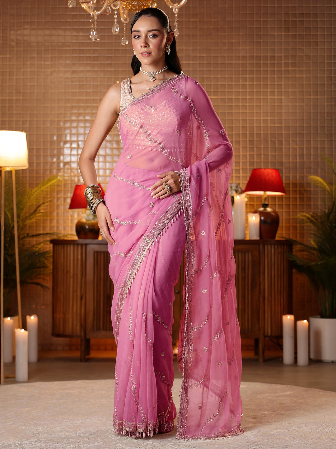  Pink Floral Embroidered Chiffon Saree 