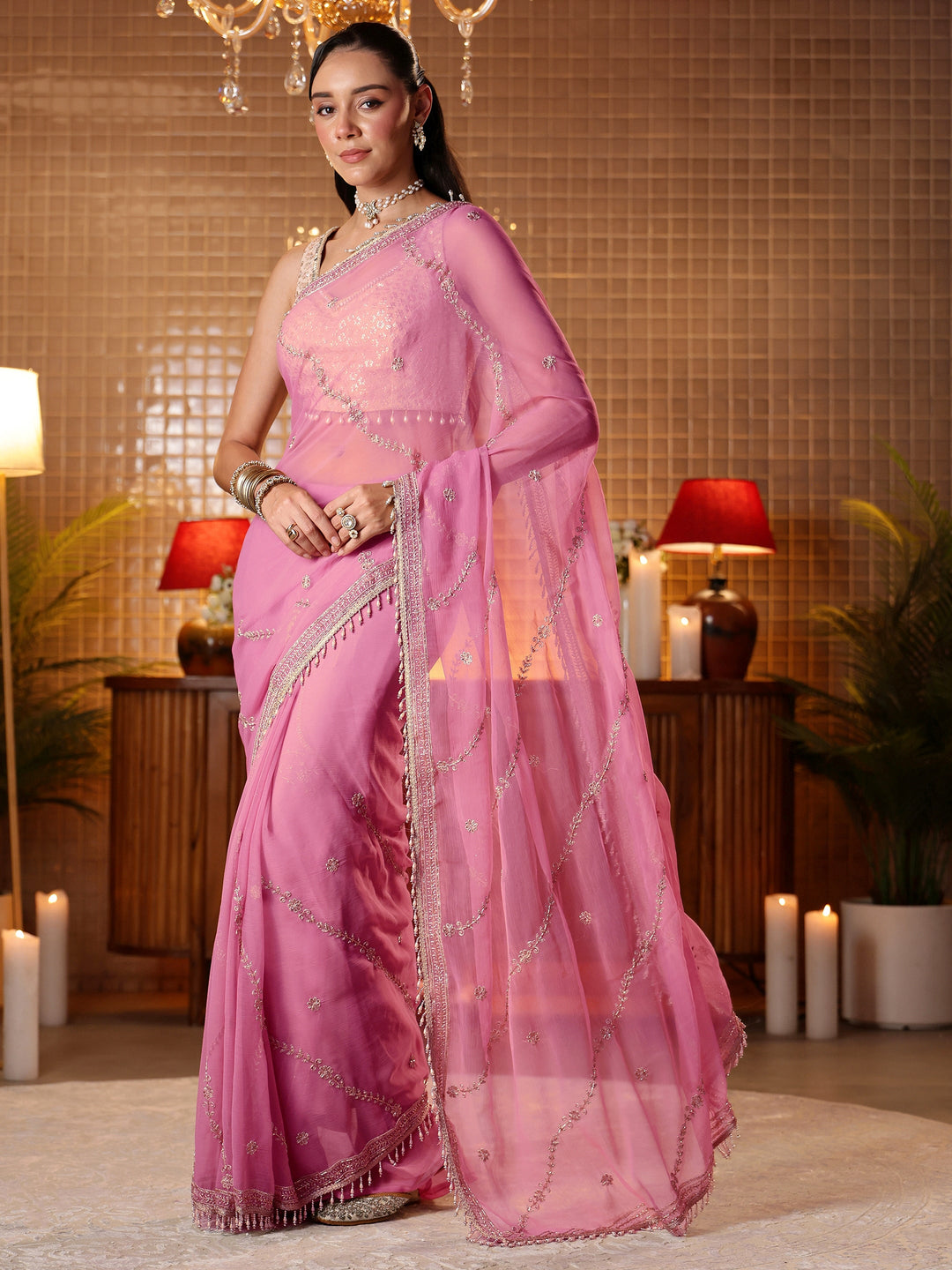  Pink Floral Embroidered Chiffon Saree 