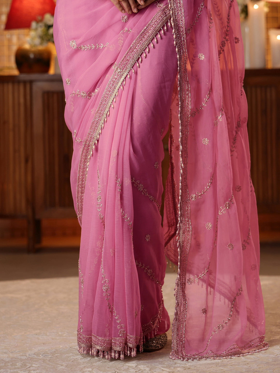  Pink Floral Embroidered Chiffon Saree 
