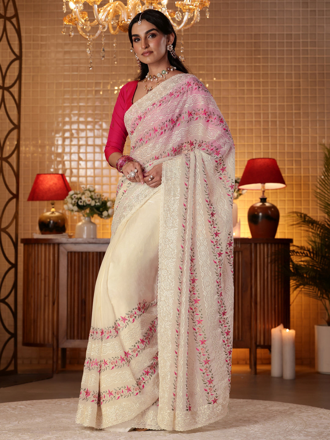  Cream Floral Embroidered Tissue Saree 