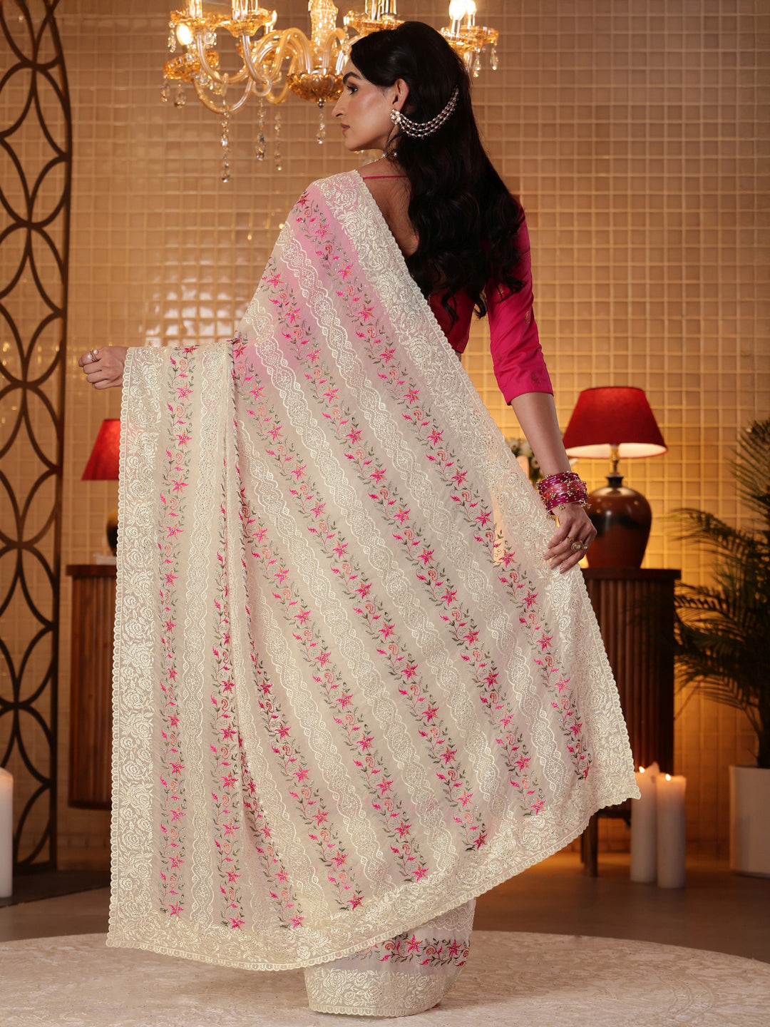  Cream Floral Embroidered Tissue Saree 