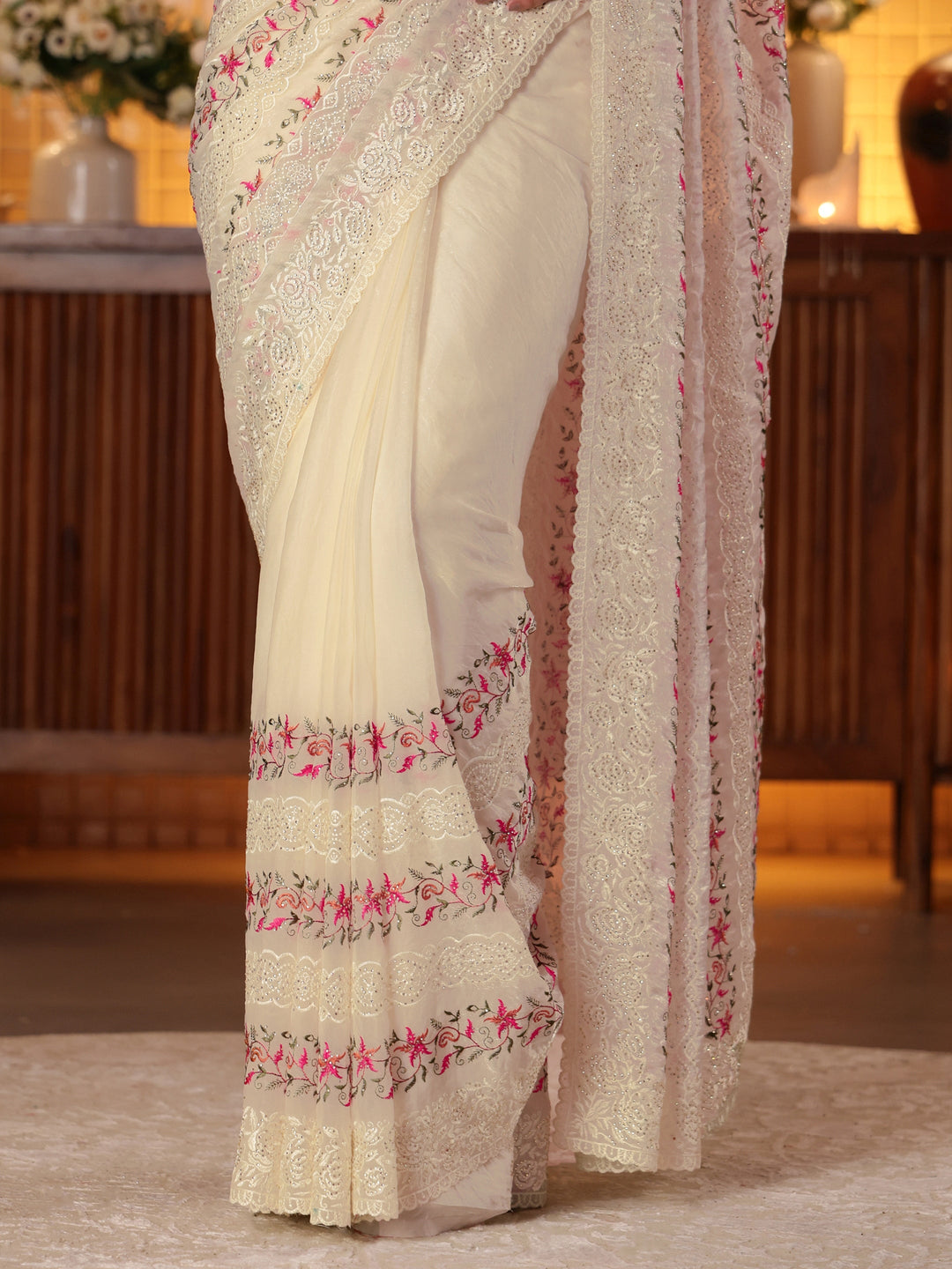  Cream Floral Embroidered Tissue Saree 