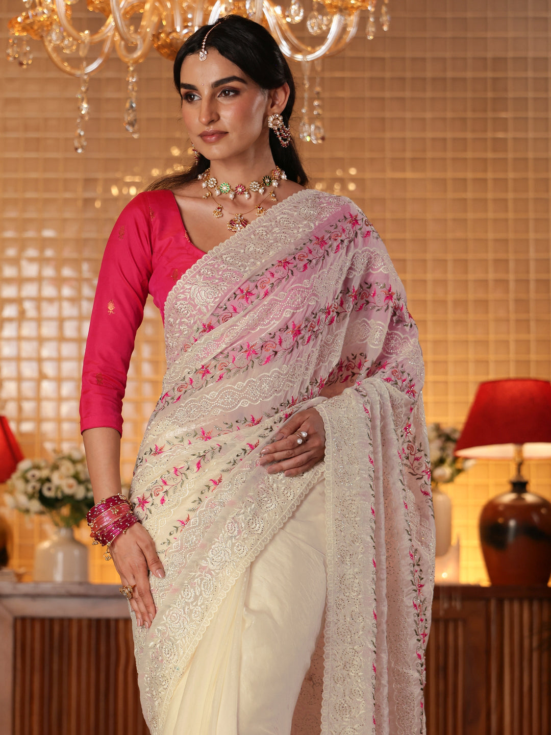  Cream Floral Embroidered Tissue Saree 