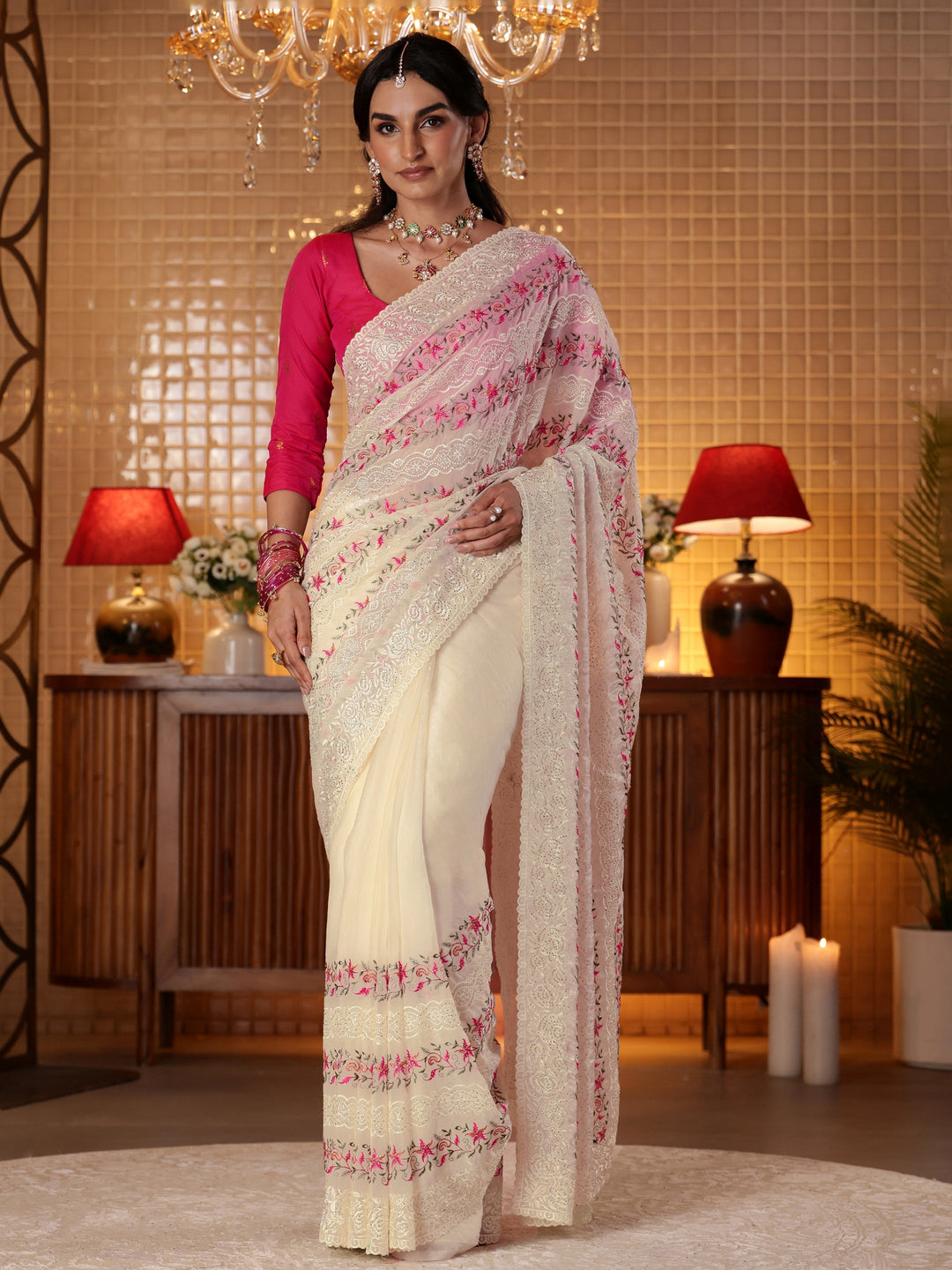  Cream Floral Embroidered Tissue Saree 