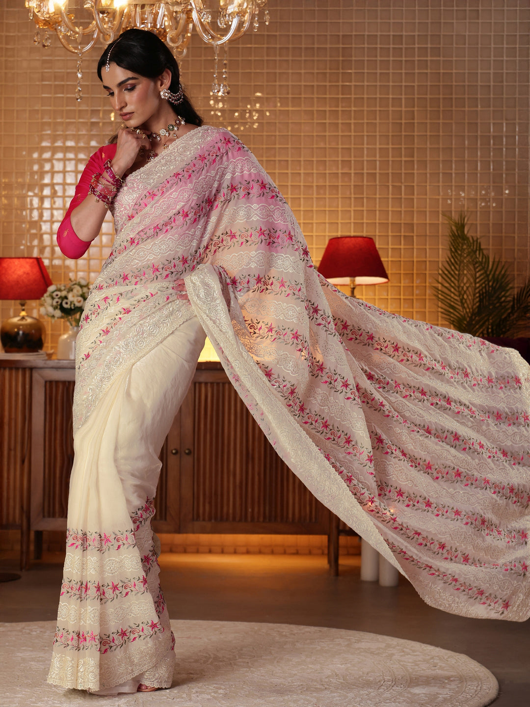  Cream Floral Embroidered Tissue Saree 