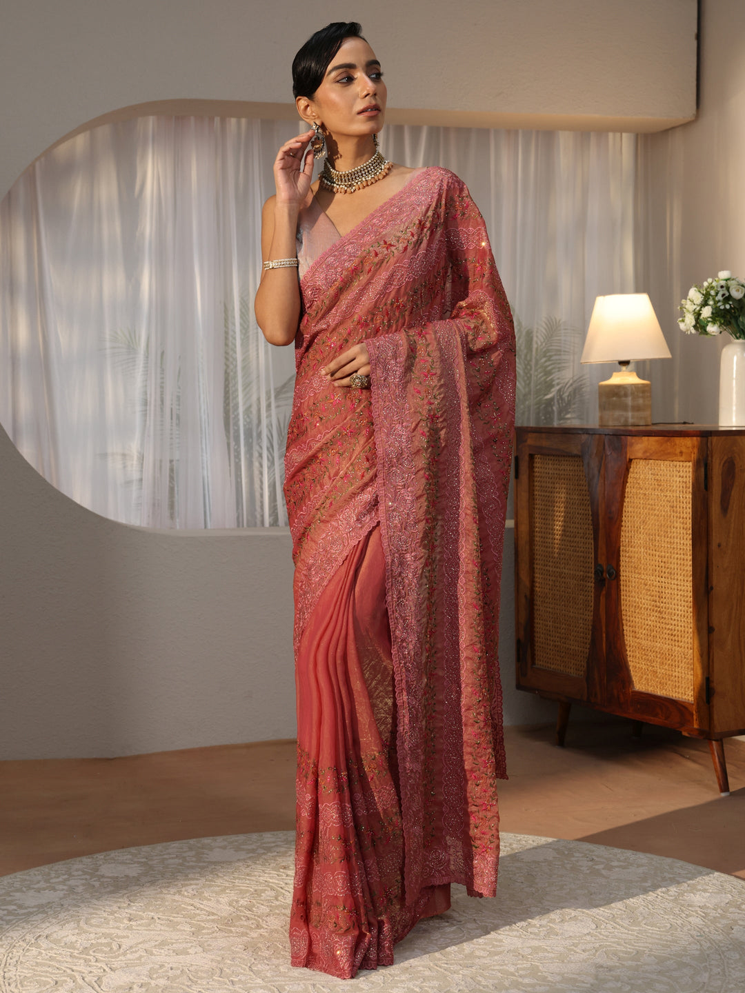  Peach Floral Embroidered Tissue Saree 