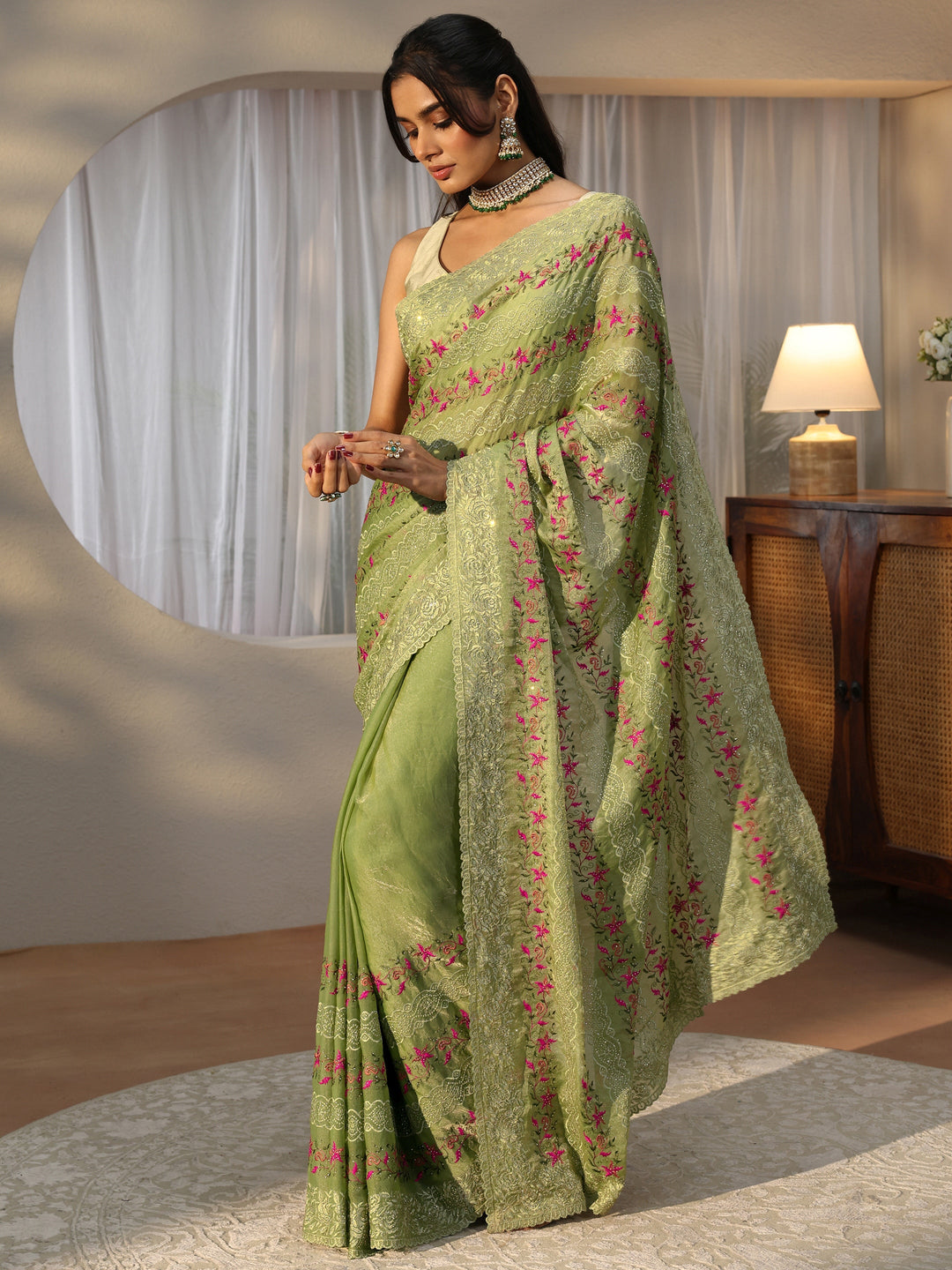  Pista Green Floral Embroidered Tissue Saree 