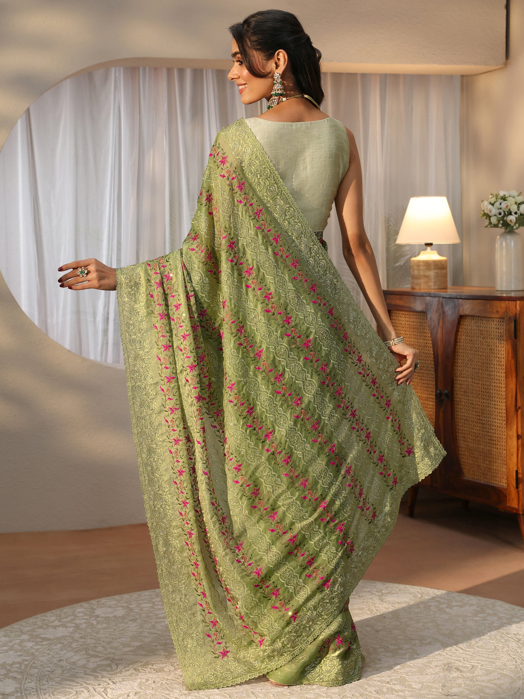  Pista Green Floral Embroidered Tissue Saree 