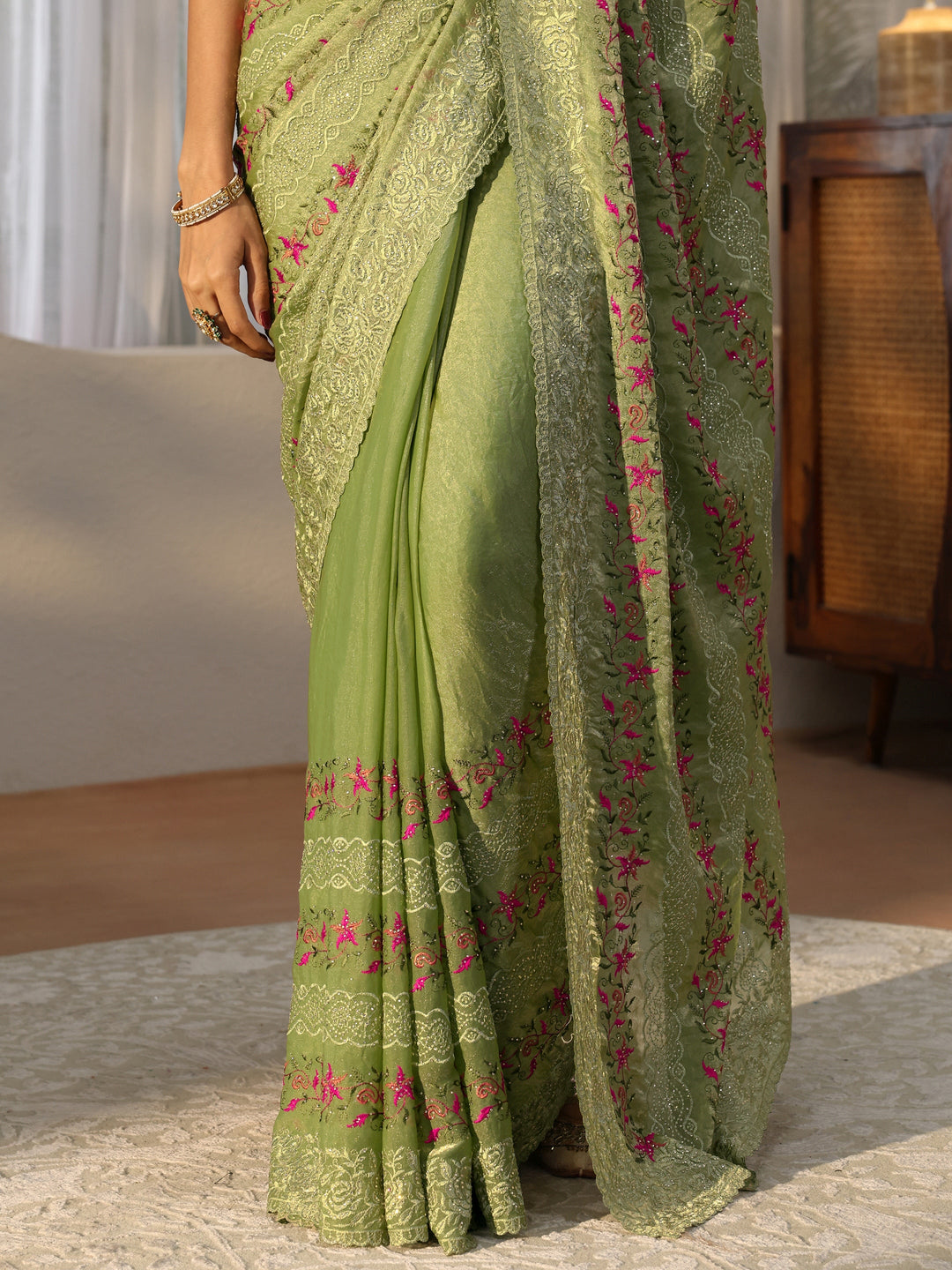  Pista Green Floral Embroidered Tissue Saree 