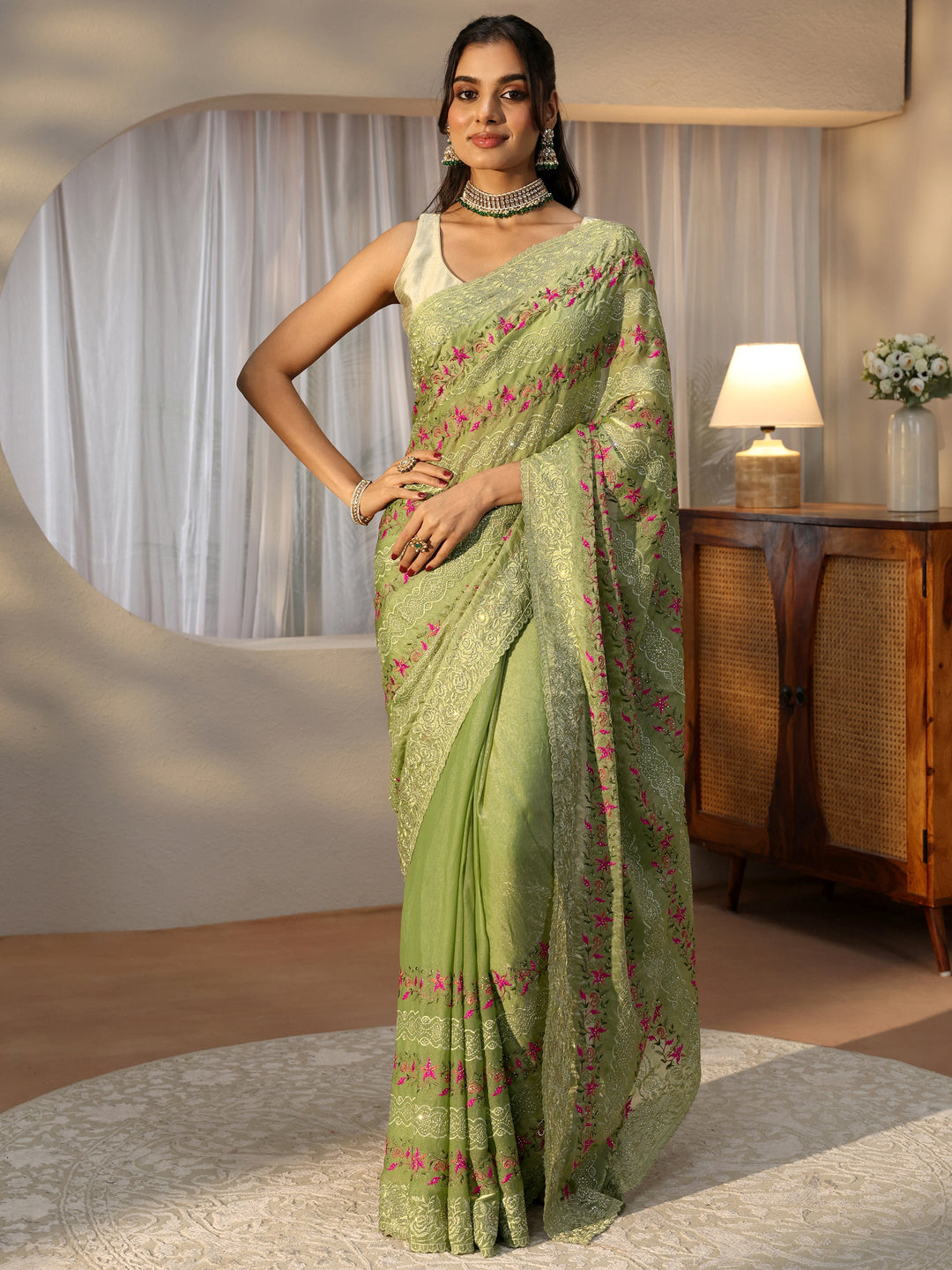  Pista Green Floral Embroidered Tissue Saree 