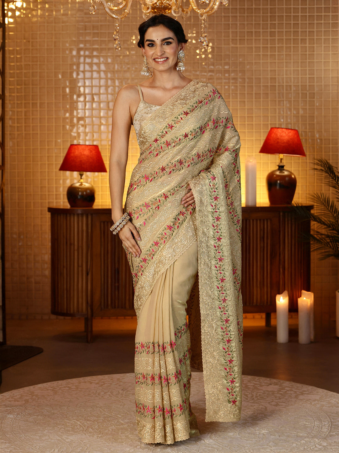  Beige Floral Embroidered Tissue Saree 