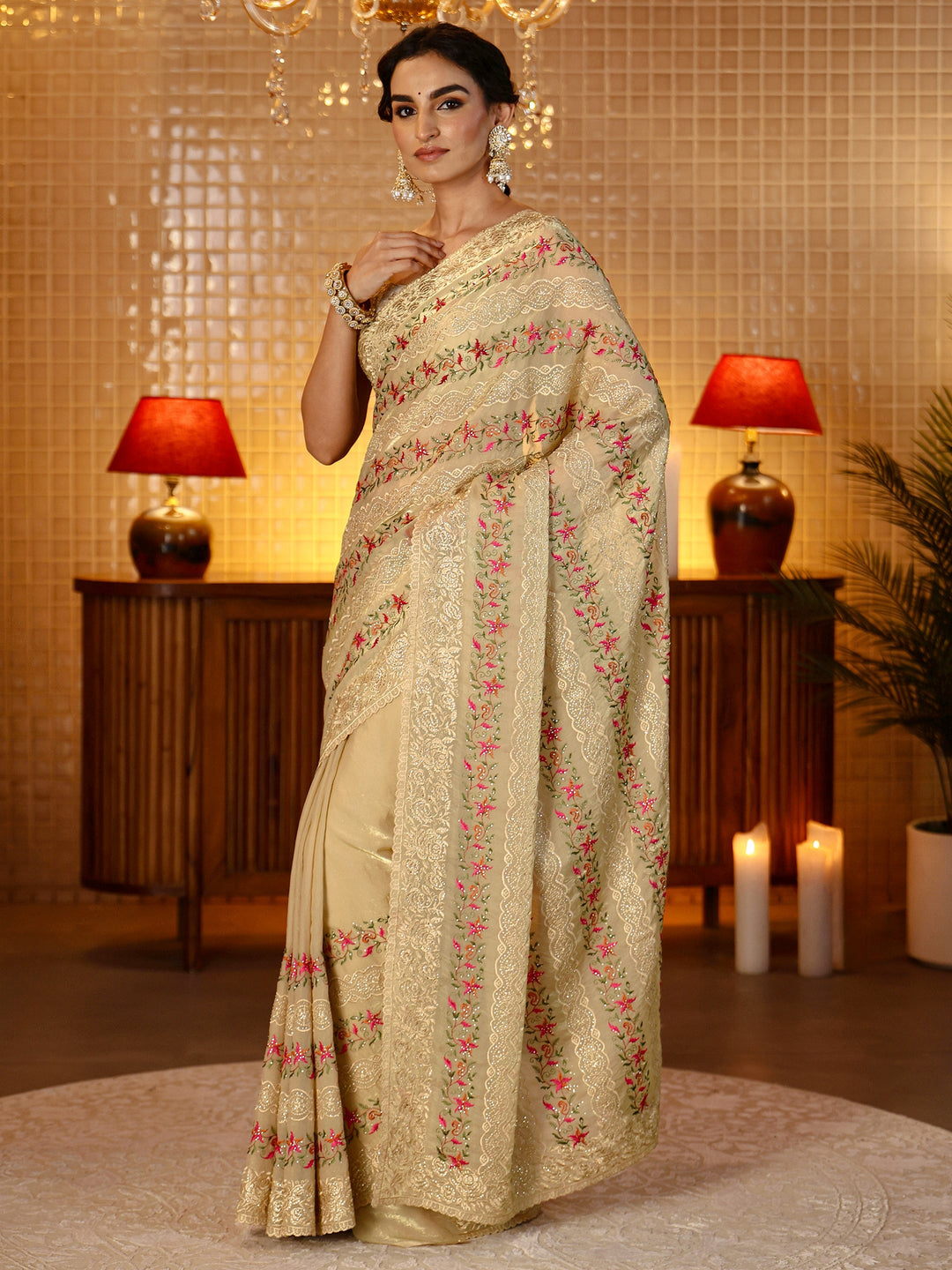  Beige Floral Embroidered Tissue Saree 