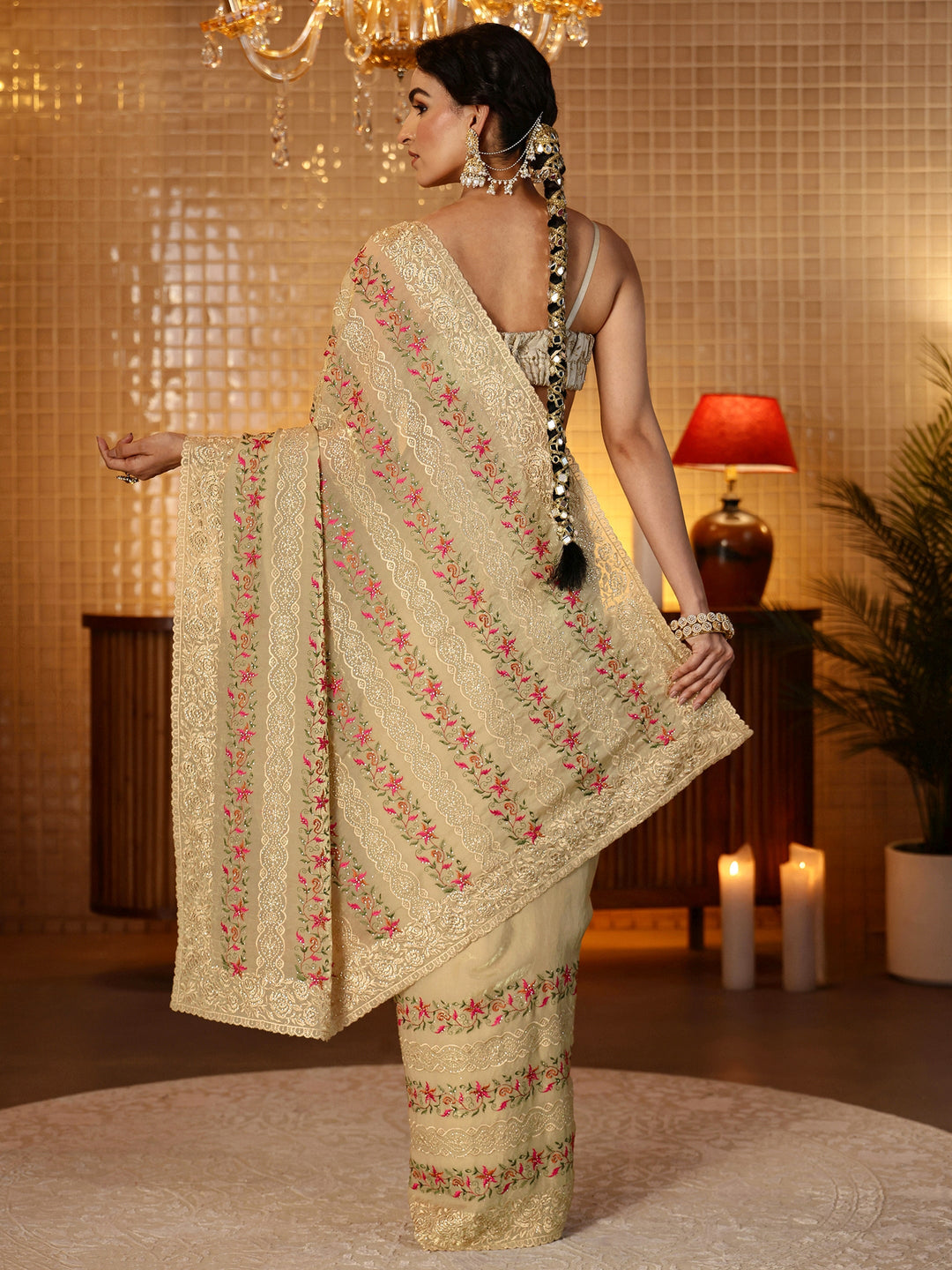  Beige Floral Embroidered Tissue Saree 