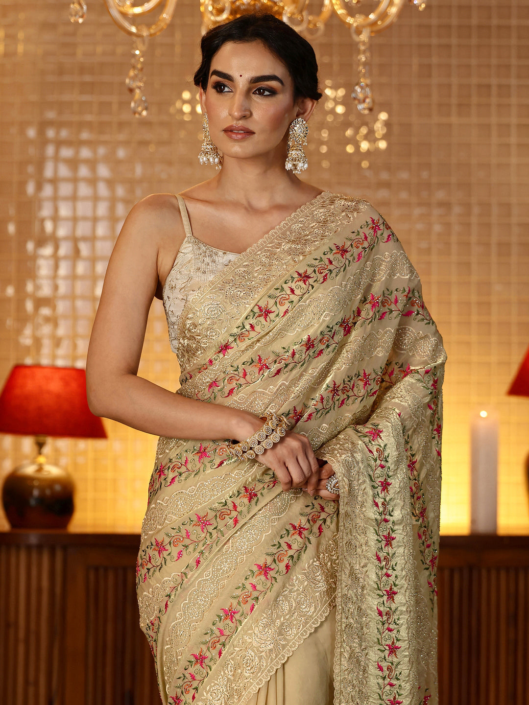  Beige Floral Embroidered Tissue Saree 