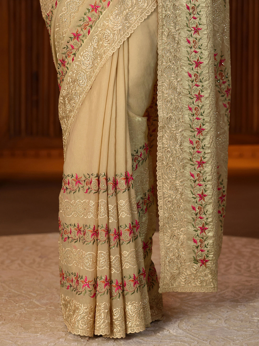  Beige Floral Embroidered Tissue Saree 