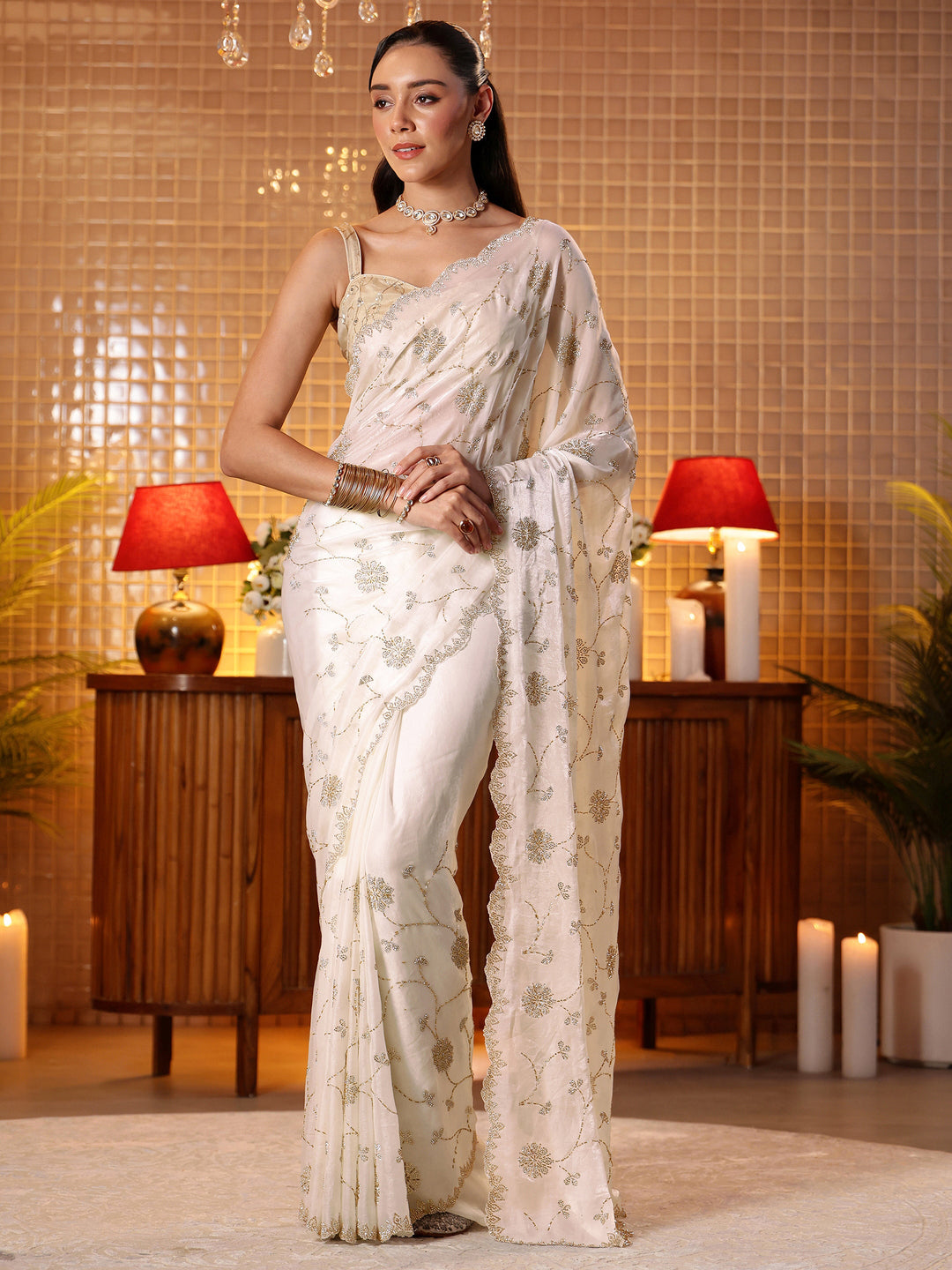  White Floral Embellished Tissue Saree 
