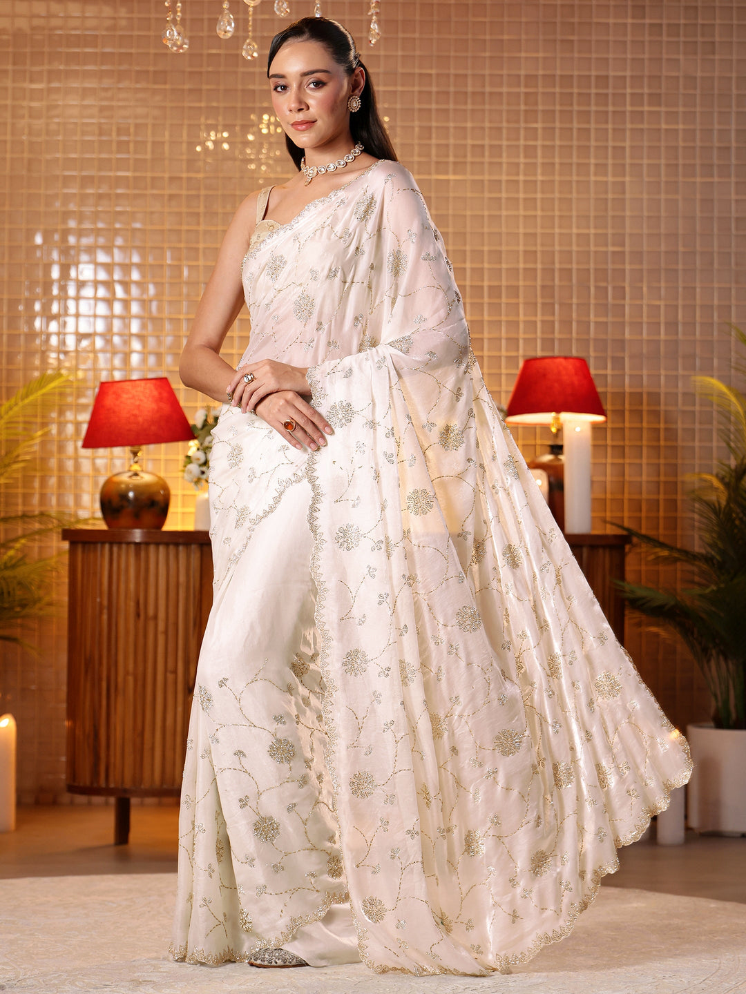 White Floral Embellished Tissue Saree 