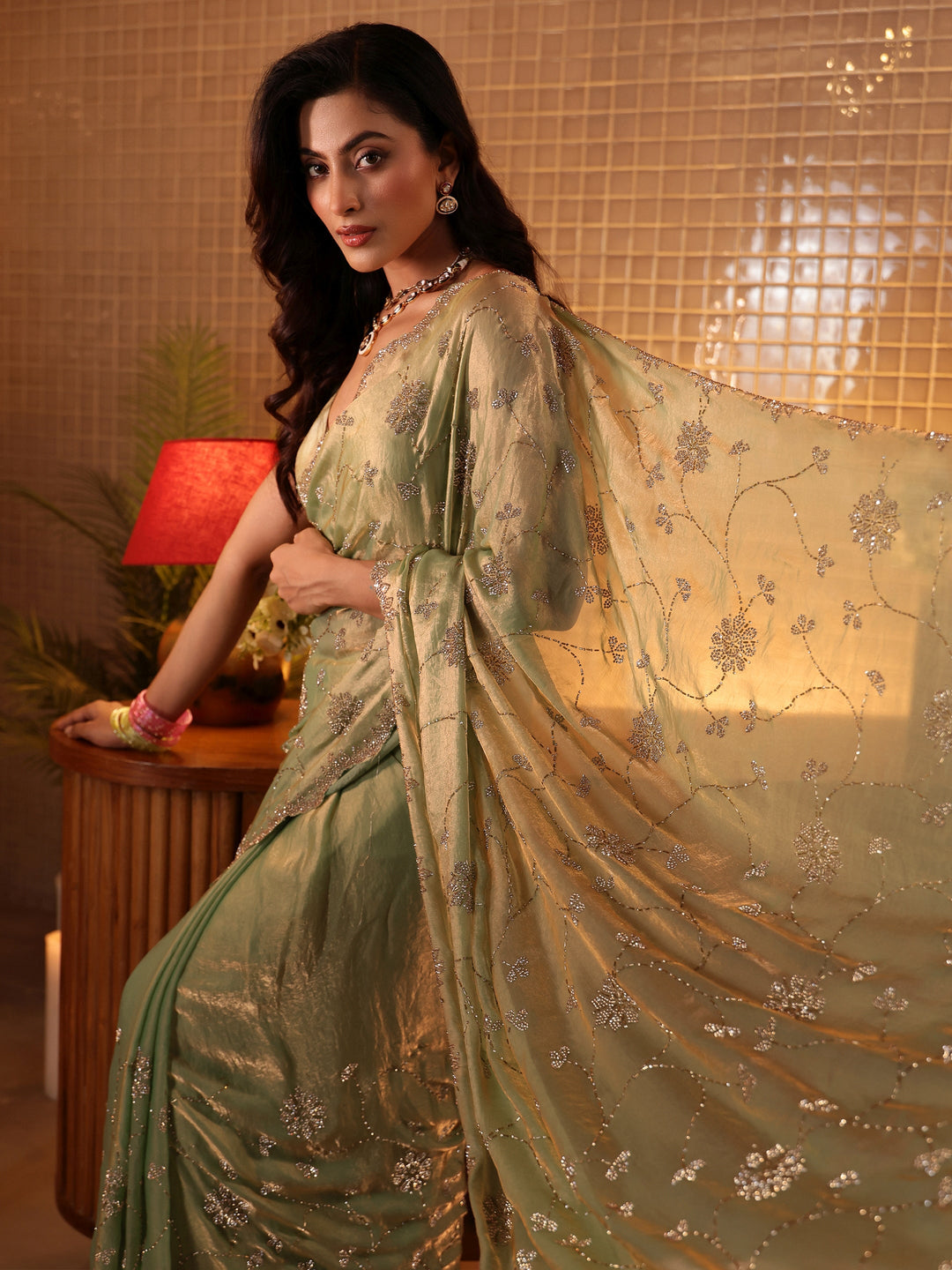 Green Floral Embellished Tissue Saree 