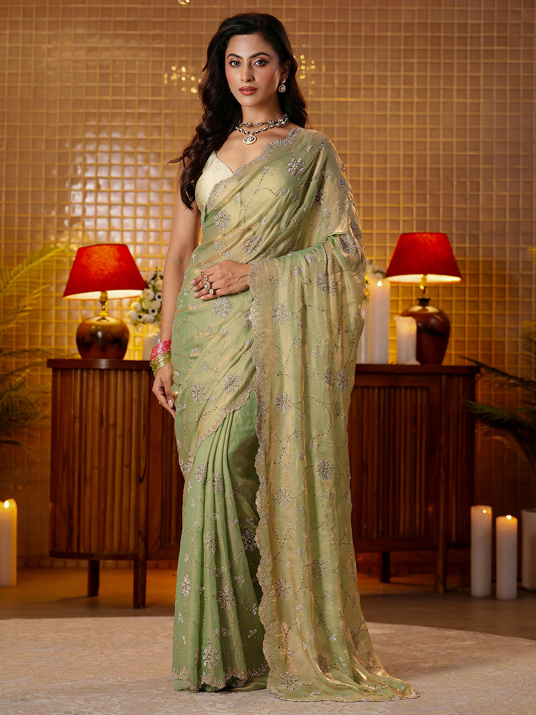  Libas Art Green Floral Embellished Tissue Saree 