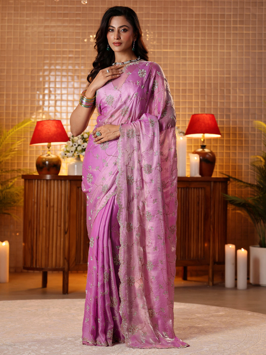  Lavender Floral Embellished Tissue Saree 