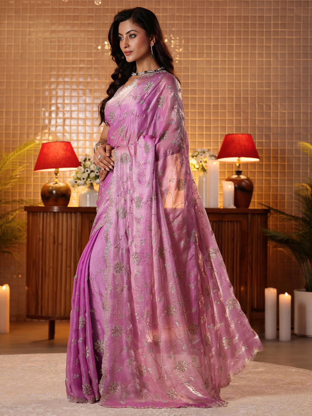  Lavender Floral Embellished Tissue Saree 