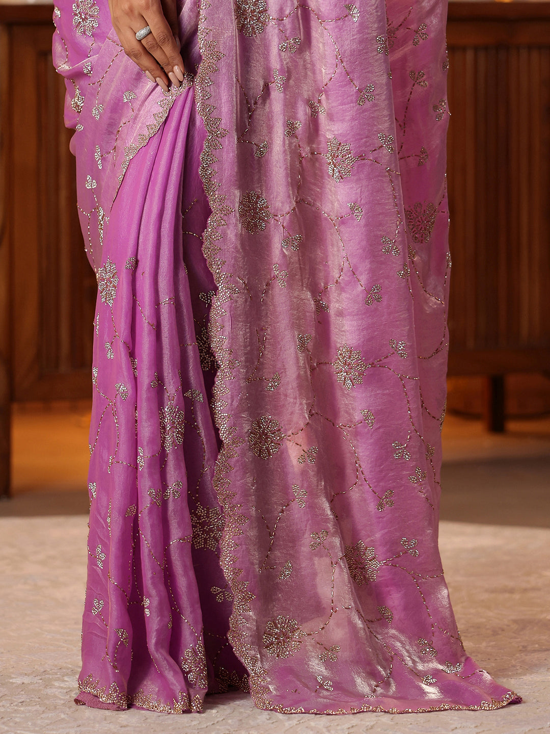  Lavender Floral Embellished Tissue Saree 