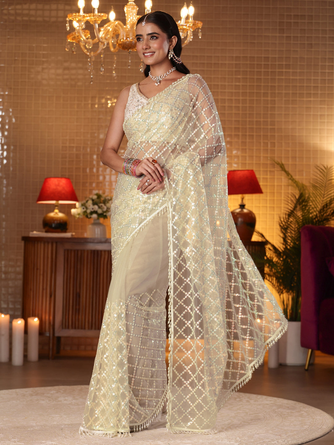  Off white Geometric Embellished Net Saree 