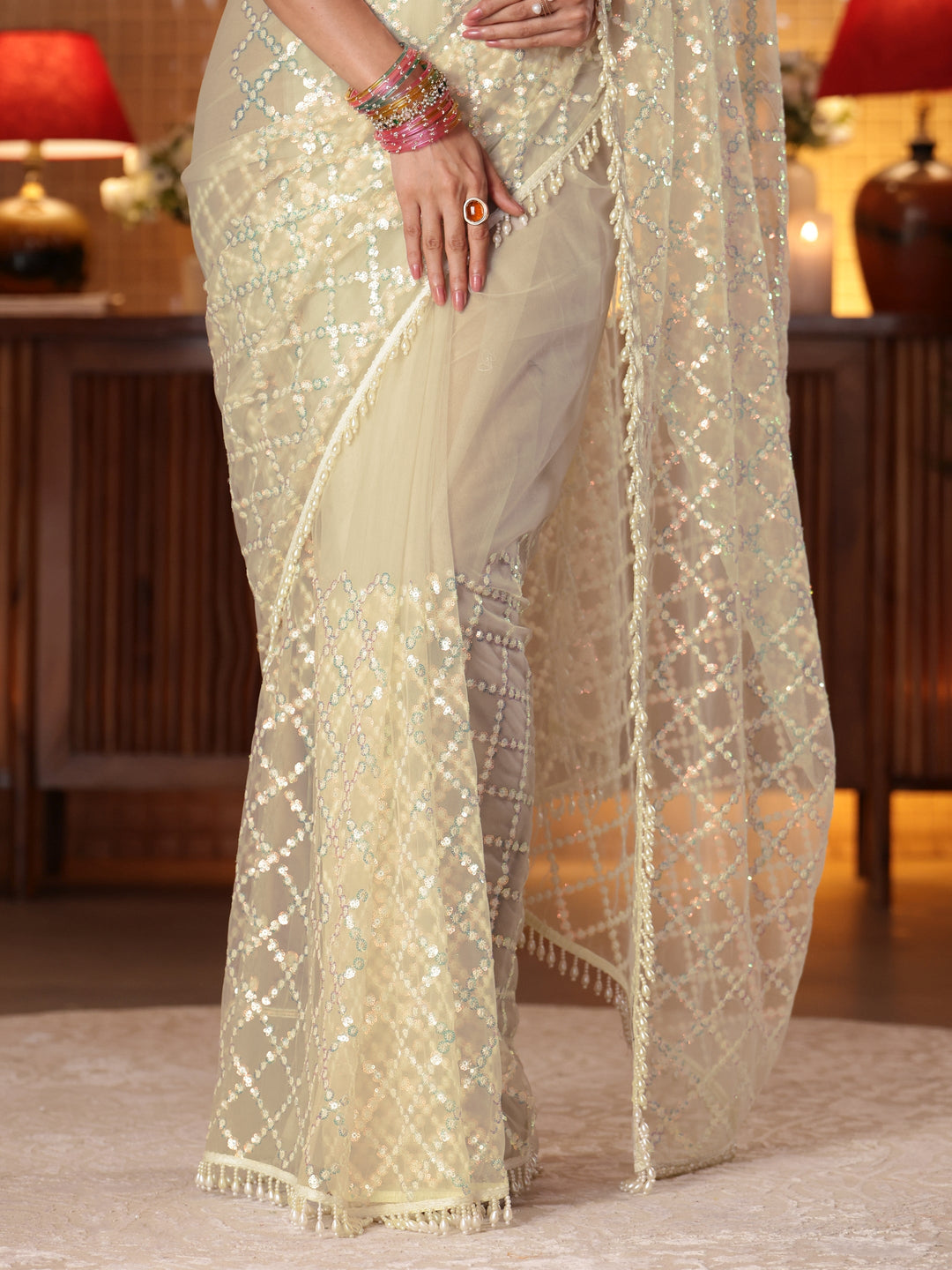  Off white Geometric Embellished Net Saree 