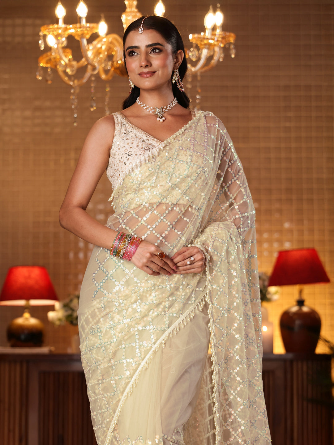  Off white Geometric Embellished Net Saree 