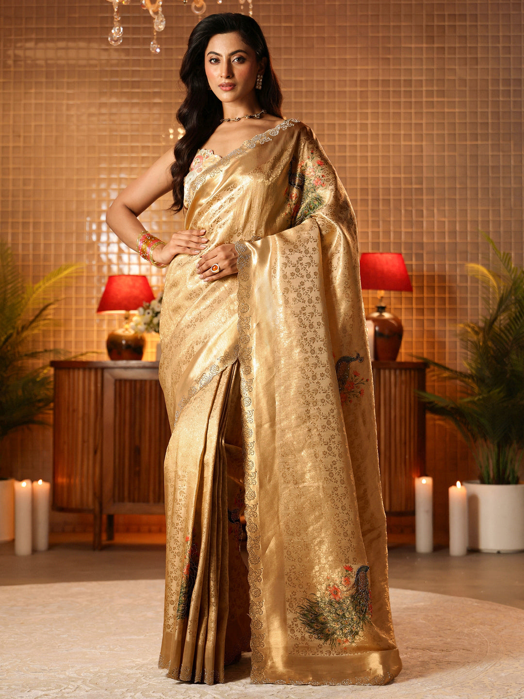  Gold Floral Woven Design Silk Blend Saree 