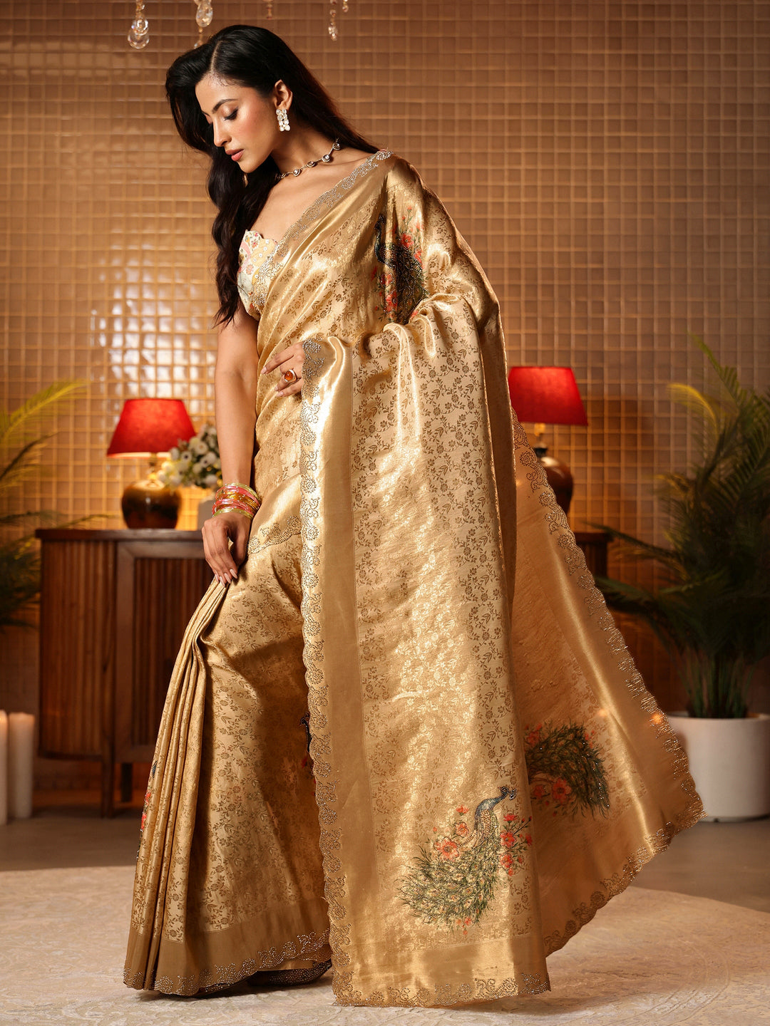  Gold Floral Woven Design Silk Blend Saree 