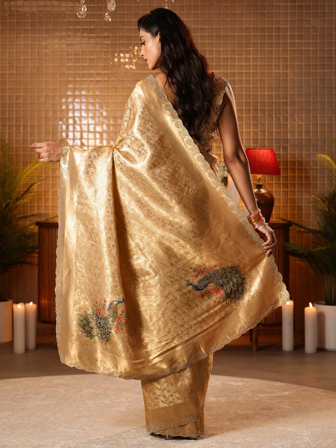  Gold Floral Woven Design Silk Blend Saree 