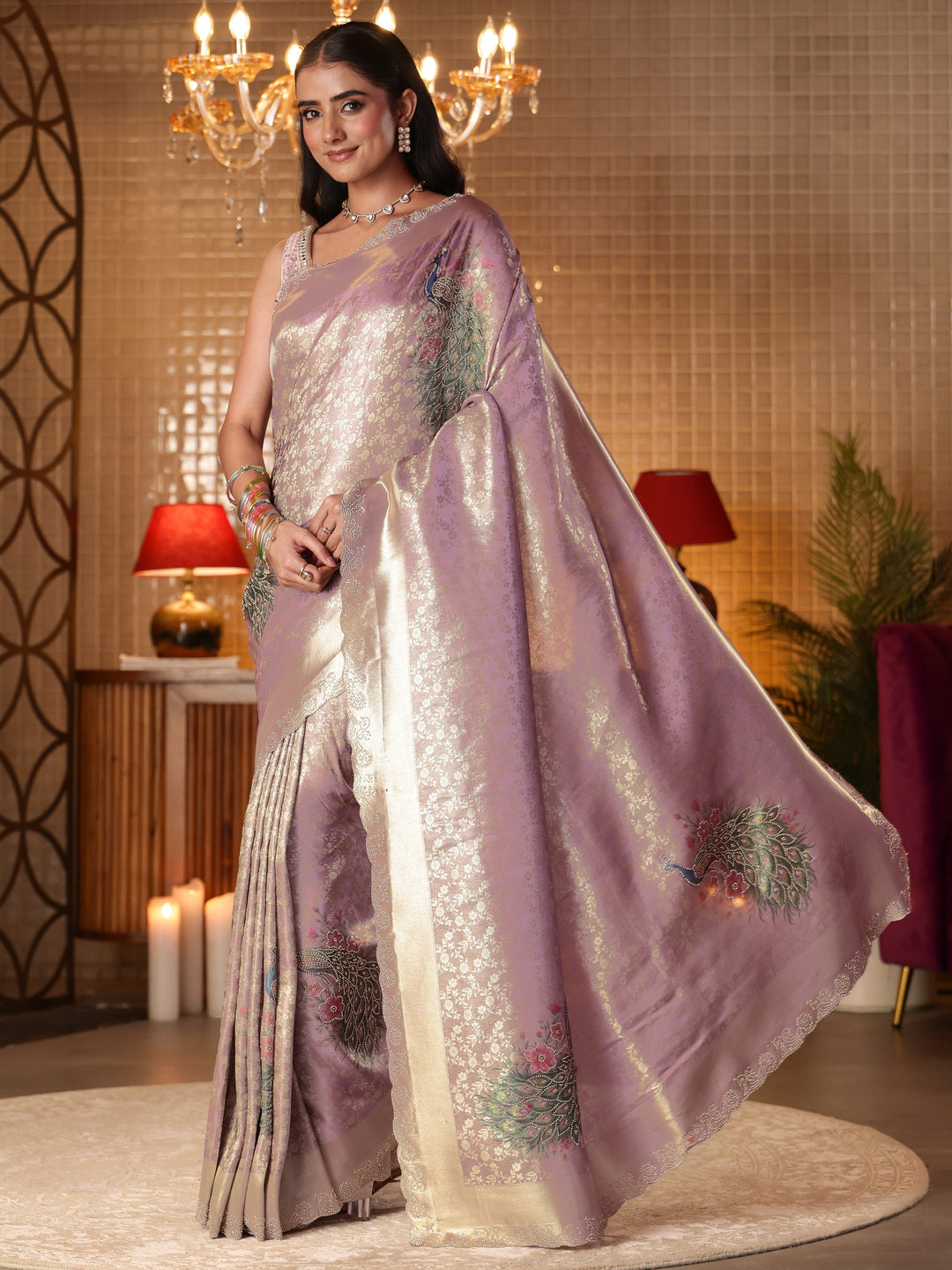  Lavender Floral Woven Design Silk Blend Saree 