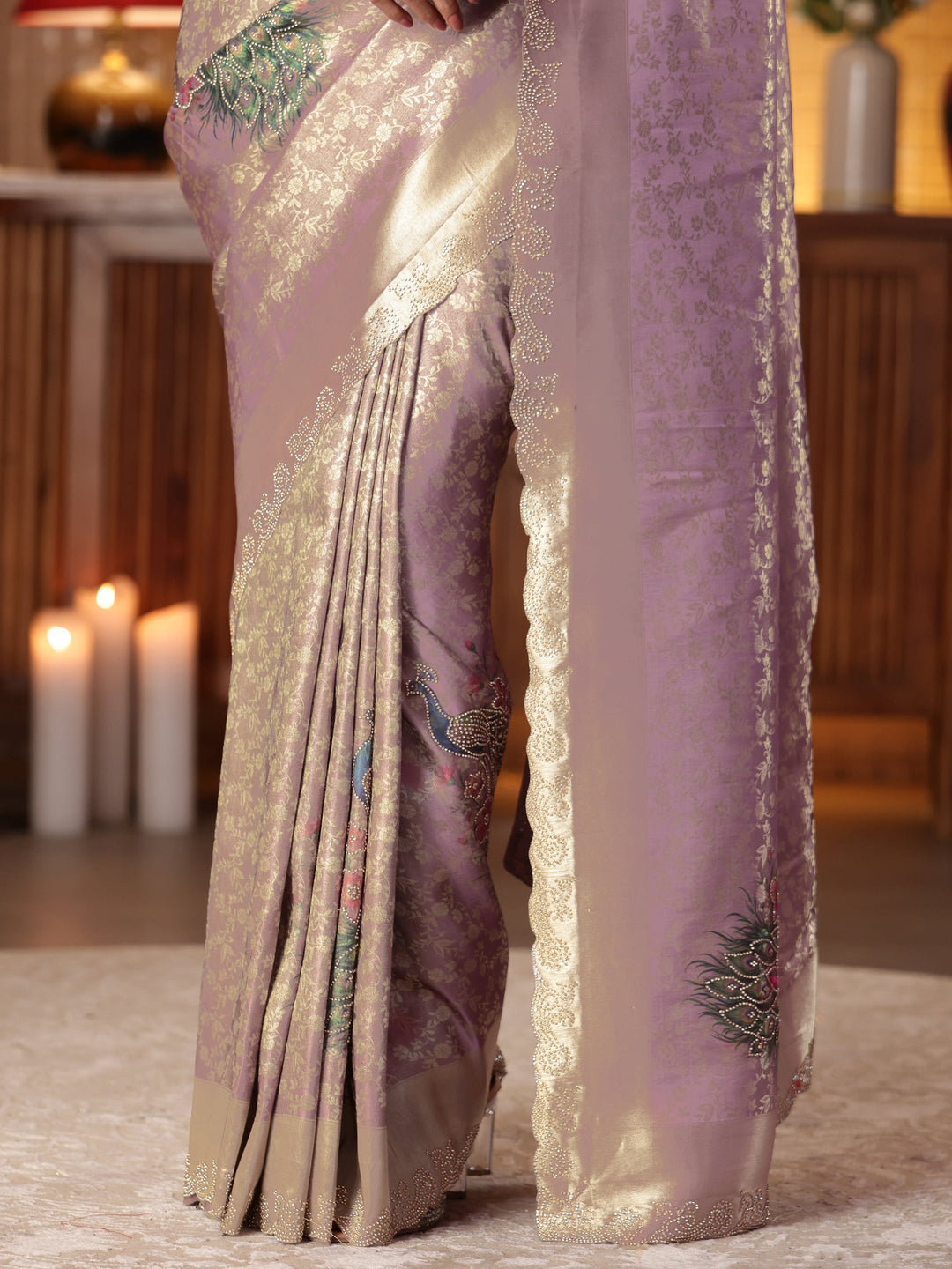  Lavender Floral Woven Design Silk Blend Saree 