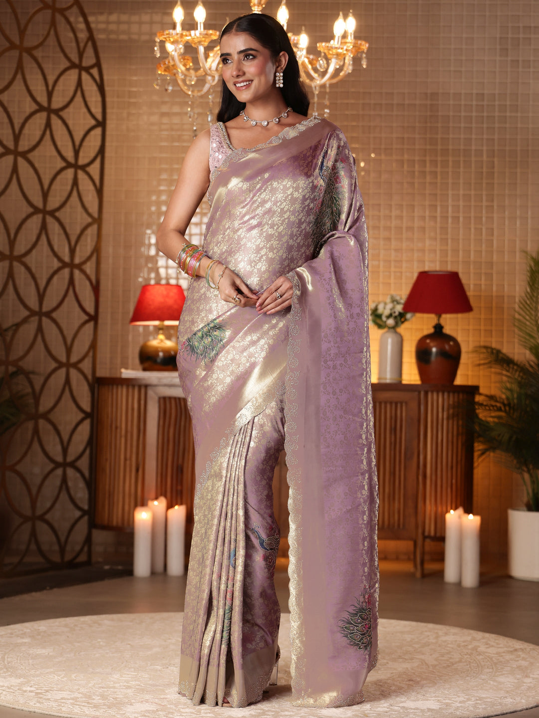  Lavender Floral Woven Design Silk Blend Saree 