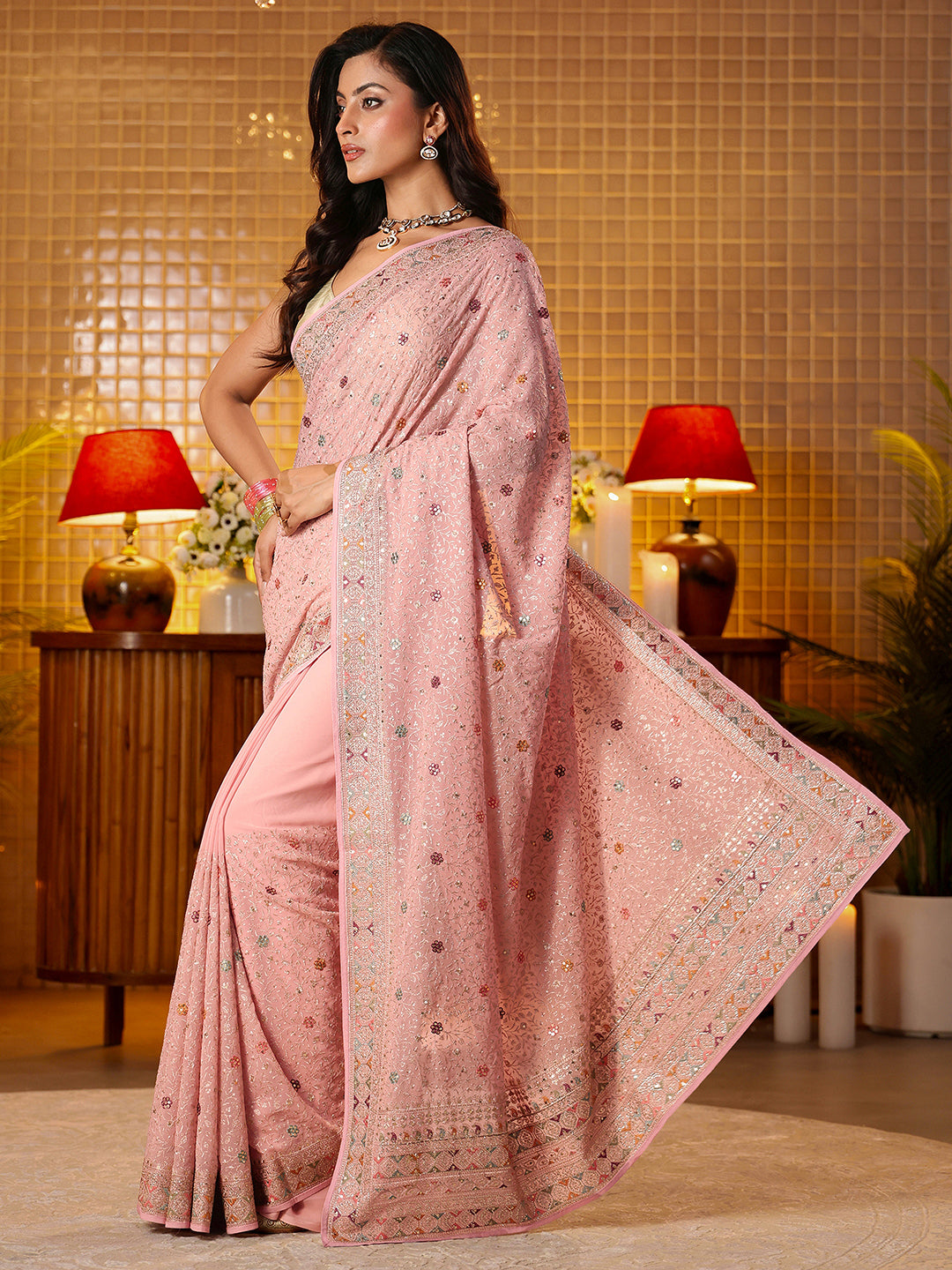  Libas Art Pink Floral Embroidered Georgette Saree 