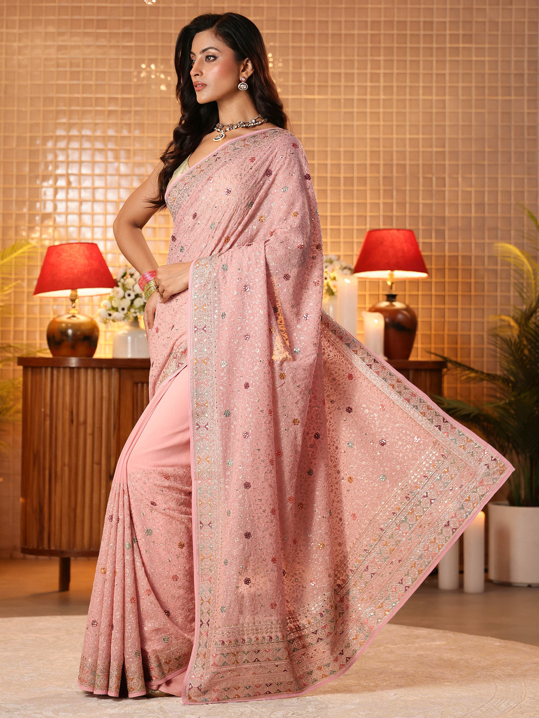  Pink Floral Embroidered Georgette Saree 
