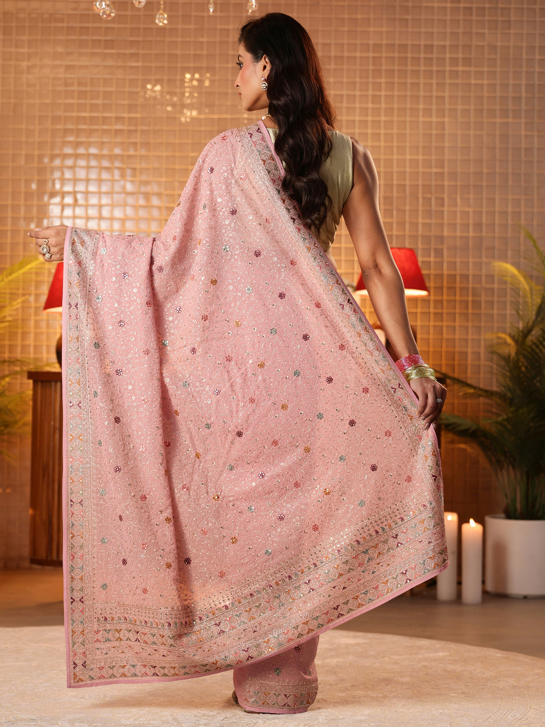  Pink Floral Embroidered Georgette Saree 