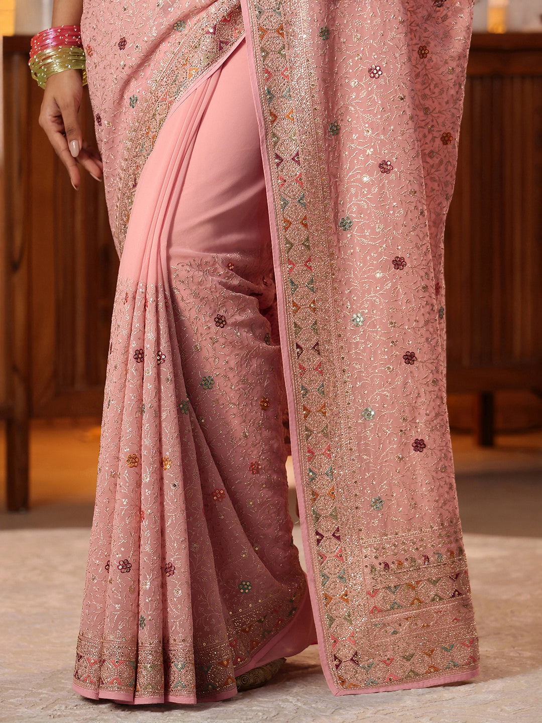  Pink Floral Embroidered Georgette Saree 