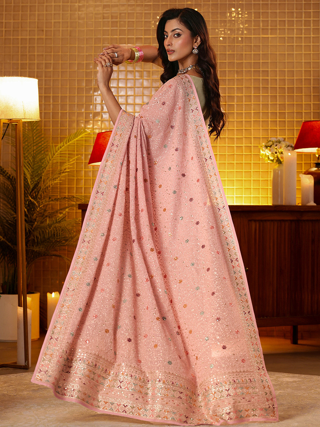  Libas Art Pink Floral Embroidered Georgette Saree 