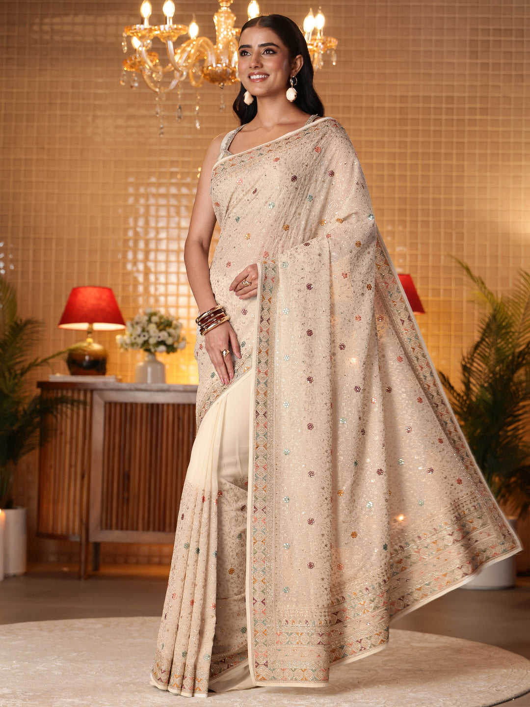  Cream Floral Embroidered Georgette Saree 