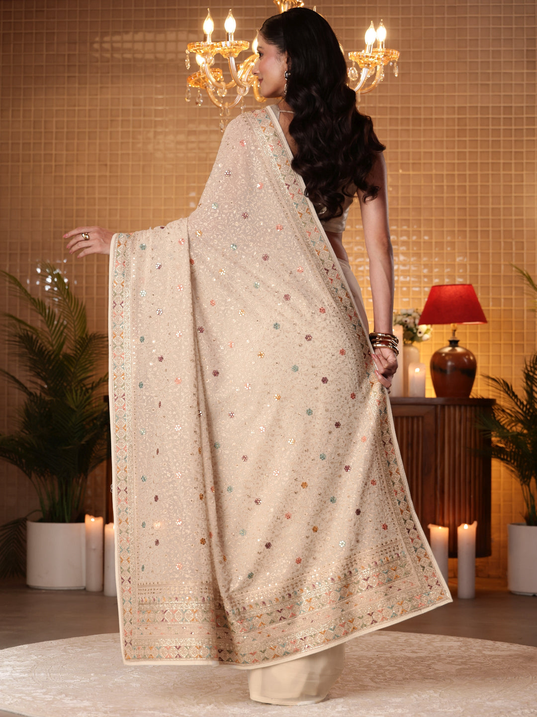  Cream Floral Embroidered Georgette Saree 