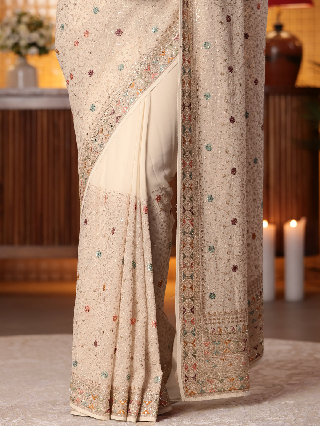  Cream Floral Embroidered Georgette Saree 