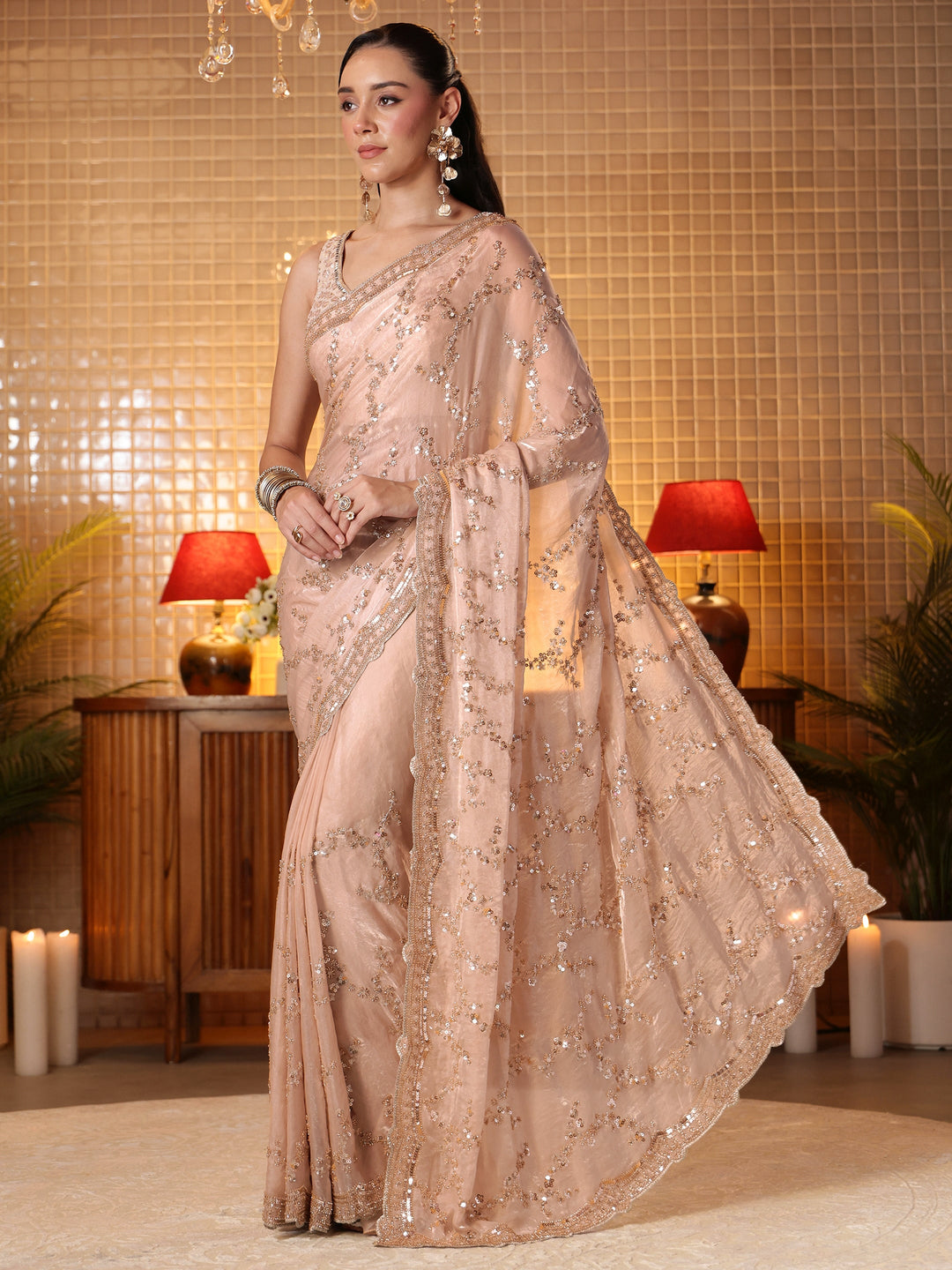  Beige Floral Embellished Tissue Saree 