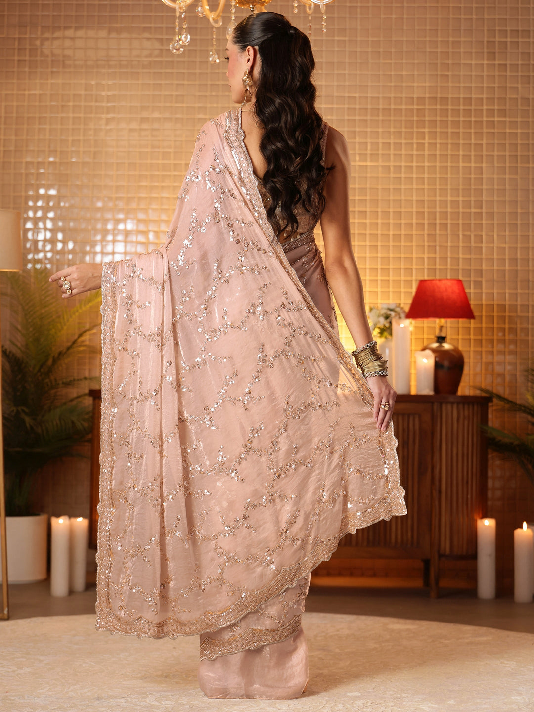  Beige Floral Embellished Tissue Saree 