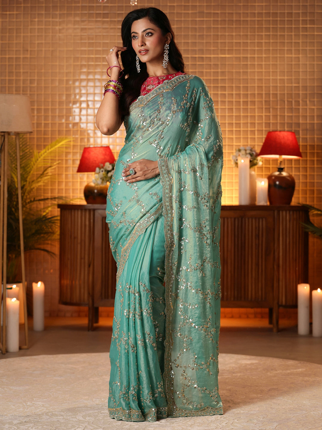  Blue Floral Embellished Tissue Saree 
